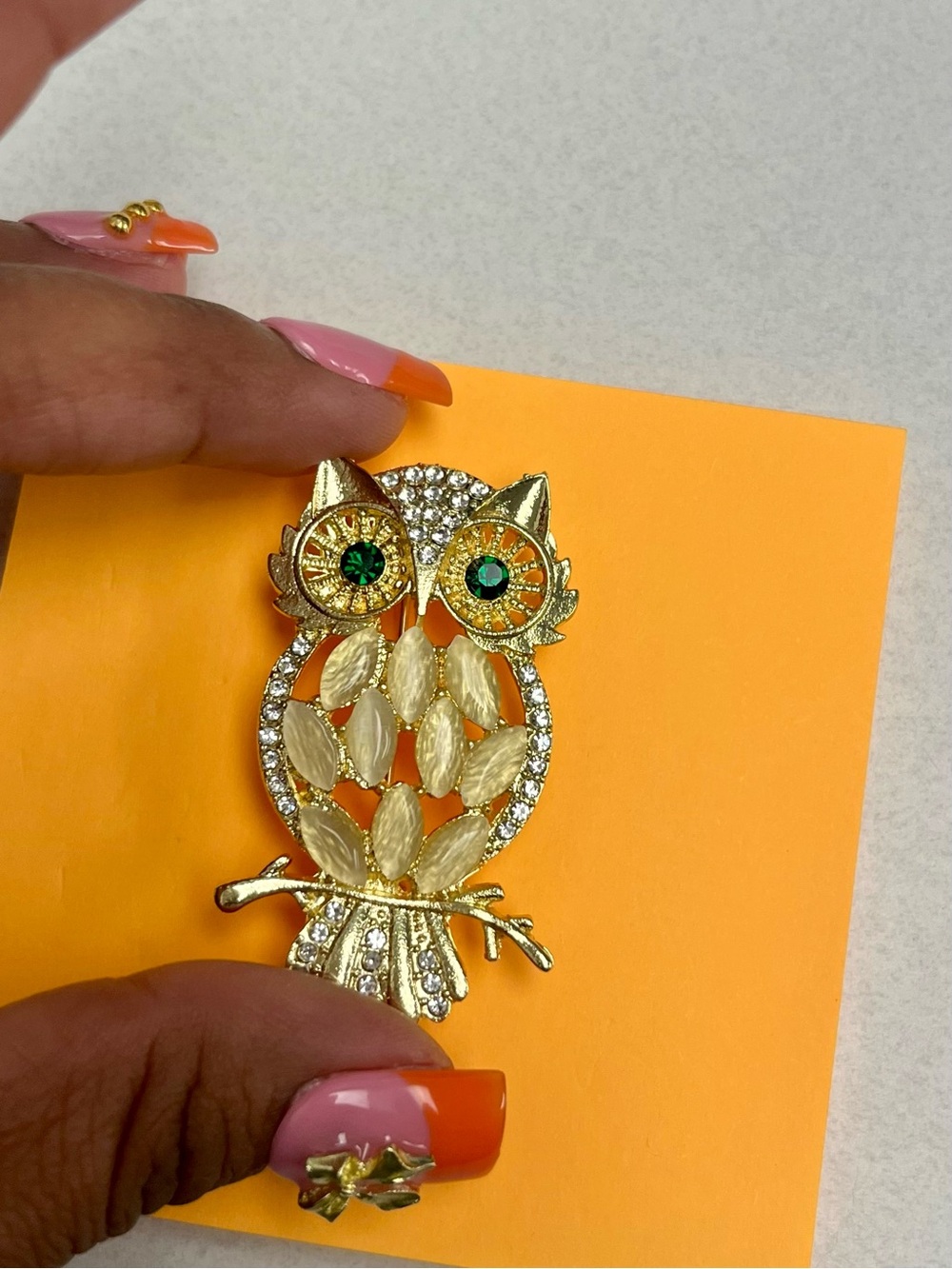 Gold Owl Brooch with Green Crystal Eyes